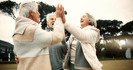 Image showing Lawn bowling, senior women and high five with sport motivation and celebration outdoor. Winner, elderly friends and female group with exercise, fitness and workout in a garden for wellness and health