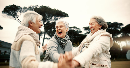 Image showing Lawn bowling, senior women and high five with sport motivation and celebration outdoor. Winner, elderly friends and female group with exercise, fitness and workout in a garden for wellness and health