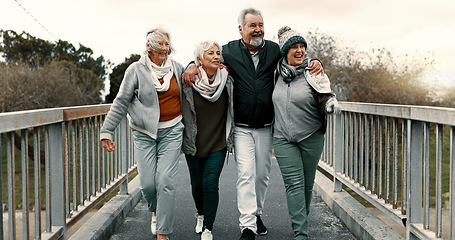 Image showing Senior people, fitness group and bridge with laugh, care or walk for training together, health or retirement. Elderly friends, hug and conversation with exercise, outdoor workout or pointing in park