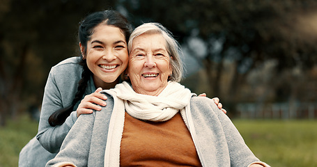 Image showing Portrait, senior woman and outdoor with caregiver, nurse or healthcare service for person with a disability and wheelchair. Happy, face and elderly lady in park with care and support in retirement