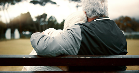 Image showing Hug, senior couple and bench with back for retirement or to relax with care or quality time. Happy face, nature and elderly woman or man with support or embrace for love, trust in garden together.
