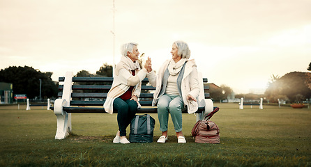 Image showing Relax, high five and friends with old women on park bench for freedom, support and health. Retirement, happiness and celebration with senior people walking in outdoors for wellness, peace and calm