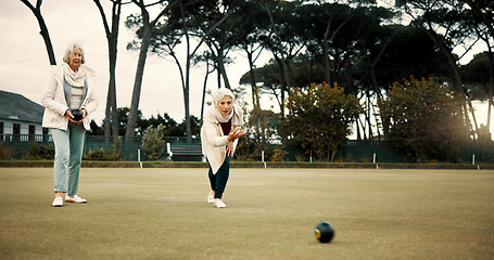 Image showing Bowls, focus and celebration with senior woman friends outdoor, cheering together during a game. Motivation, support or competition and elderly people cheering while having fun with a leisure hobby