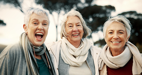 Image showing Comic, laughing and senior woman friends outdoor in a park together for bonding during retirement. Portrait, smile and funny with a group of elderly people chatting in a garden for humor or fun