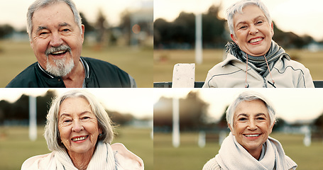 Image showing Collage, sports field and portrait of senior people faces as fans at a match and happy for competition and confident. Happiness, smile and positive elderly group laughing at outdoor on retirement