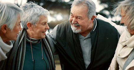 Image showing Friends, senior people and outdoor talking with support in the park, garden or conversation in nature with elderly man and women. Happy, together and group in retirement with quality time or speaking
