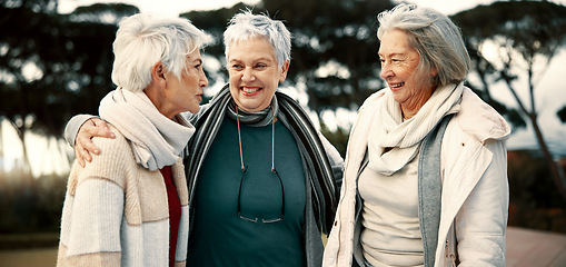 Image showing Talking, funny and senior woman friends outdoor in a park together for bonding during retirement. Happy, smile and laughing with a group of elderly people chatting in a garden for humor or fun