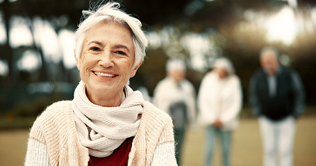 Image showing Face, senior woman and smile in nature on vacation, holiday or travel in winter. Portrait, happy and elderly person in the countryside, park or garden for wellness, freedom or fresh air in retirement