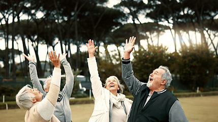 Image showing Hands, team building and senior friends in a huddle outdoor for support, celebration or unity during a game. Teamwork, trust and community with a group of elderly people in a park for motivation