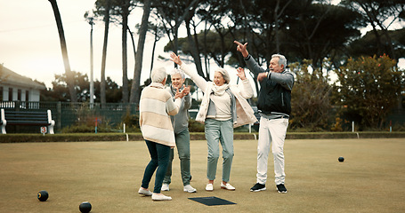 Image showing Bowls, celebration and hugging with senior friends outdoor, cheering together during a game. Motivation, support or applause and a group of elderly people clapping while having fun with a hobby