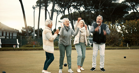 Image showing Bowls, celebration and hugging with senior friends outdoor, cheering together during a game. Motivation, support or applause and a group of elderly people clapping while having fun with a hobby