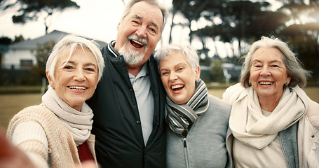 Image showing Senior friends, group selfie and park with smile, face and excited together with hug, care and outdoor. Elderly man, women and happy for memory, photography or profile picture with portrait in nature