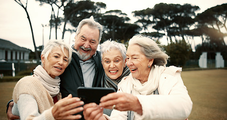 Image showing Senior people, happy or friends take a selfie in park together for a memory with smile or joy outdoors. Group, old man or elderly women taking photo or picture in nature for social media for vlogging
