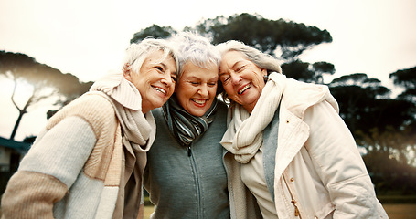 Image showing Hug, park and senior women with retirement, smile and happiness with bonding, quality time and relax. Friends, old ladies and female people outdoor, happy and retired with embrace, peace and wellness