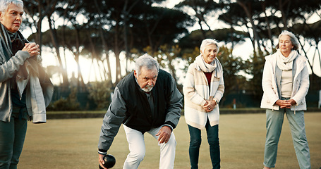 Image showing Bowls, applause and celebration with senior friends outdoor, cheering together during a game. Motivation, support or community and a group of elderly people cheering while having fun with a hobby