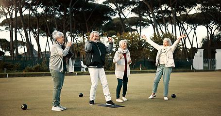 Image showing Bowls, applause and celebration with senior friends outdoor, cheering together during a game. Motivation, support or community and a group of elderly people cheering while having fun with a hobby