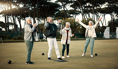 Image showing Bowls, high five and celebration with senior friends outdoor, cheering together during a game. Motivation, support or applause and a group of elderly people cheering while having fun with a hobby