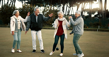 Image showing Bowls, celebration and hugging with senior friends outdoor, cheering together during a game. Motivation, support or applause and a group of elderly people clapping while having fun with a hobby