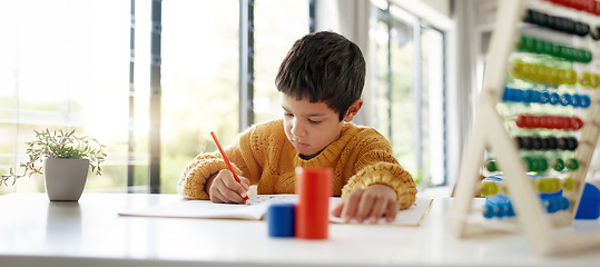 Image showing Student, drawing or child writing homework on notebook in kindergarten education for growth development. Project, creative boy or kid artist with color pencil learning or working on sketching skills