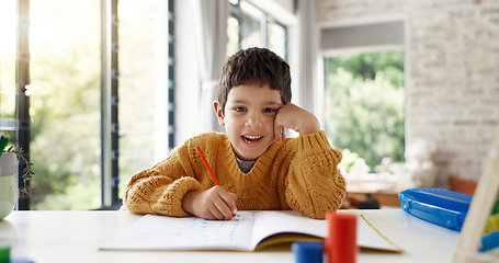 Image showing Home learning, education or face of kid in kindergarten studying for knowledge or growth development. Smile, portrait or happy child writing or counting on numbers to study for test in notebook alone