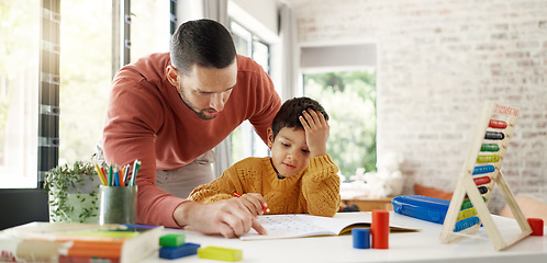 Image showing Home learning, father or kid in kindergarten studying for knowledge, education or growth development. Abacus, dad teaching or child writing, working or counting on numbers for math test in notebook