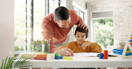 Image showing Home learning, father or kid in kindergarten studying for knowledge, education or growth development. Abacus, dad teaching or child writing, working or counting on numbers for math test in notebook