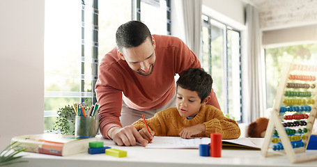 Image showing Home learning, dad or school kid in kindergarten studying for knowledge, education or growth development. Happy, father teaching or boy writing, working or counting numbers for math test in notebook