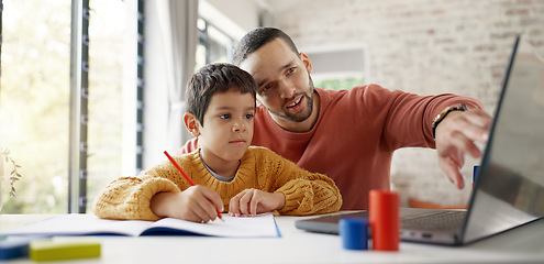 Image showing Father, boy child and homework with laptop, writing and helping hand for education, childhood development or care. Man, dad and male kid with home school, notebook and computer with teaching at desk