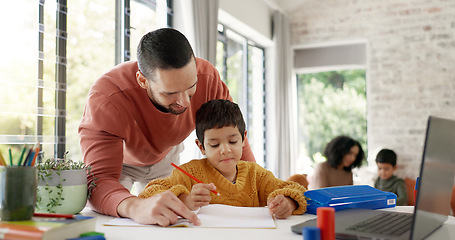 Image showing Home learning, dad or school kid in kindergarten studying for knowledge, education or growth development. Happy, father teaching or boy writing, working or counting numbers for math test in notebook