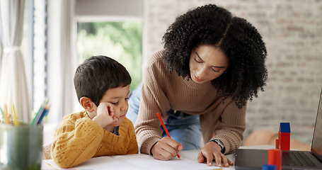 Image showing Homework, learning and help with mother and son for homeschooling, research and math. Education, study and teaching with woman and kid in family home for child development, writing and knowledge