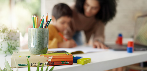 Image showing Mom, child and help with homework, color pencil and drawing for education, learning and development. Homeschool, mother and kid with motivation, support and teaching for school project in family home
