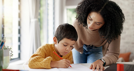 Image showing Homework, learning and help with mother and son for homeschooling, research and math. Education, study and teaching with woman and kid in family home for child development, writing and knowledge