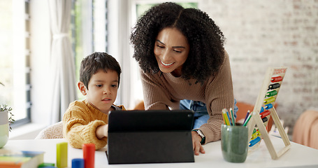 Image showing Homework, learning and help with mother and son for homeschooling, research and math. Education, study and teaching with woman and kid in family home for child development, writing and knowledge