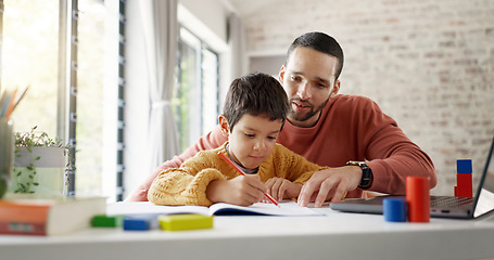 Image showing Father, boy child and homework with laptop, writing and helping hand for education, childhood development or care. Man, dad and male kid with home school, notebook and computer with teaching at desk