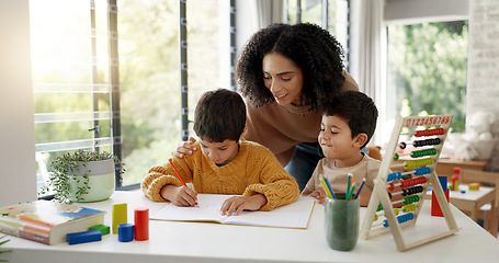 Image showing Homework, learning and help with mother and children for homeschooling, research and math. Education, study and teaching with woman and kids in family home for child development, writing or knowledge
