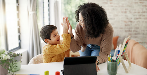 Image showing Mom, high five or child with tablet for elearning education, development growth or homework success. Family, happy mother or school kid with motivation, support or teaching for an online project
