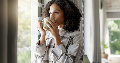 Image showing Relax, window and woman with coffee, thinking and stress relief with happiness, home and wellness. Female person, lady and warm beverage with ideas, calm and curious with peace, view and apartment
