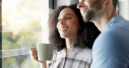 Image showing Love, married people with hug and in their home together for bonding time. Support or commitment, romance or care and happy young couple cuddle for affection or embracing company in their house