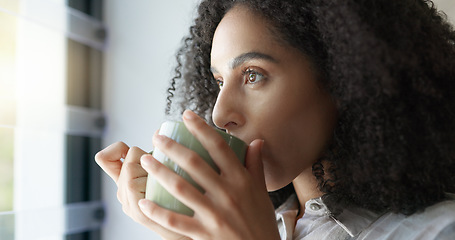 Image showing Relax, window and woman with coffee, thinking and stress relief with happiness, home and wellness. Female person, lady and warm beverage with ideas, calm and curious with peace, view and apartment