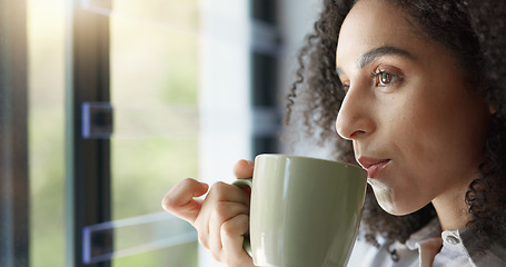 Image showing Relax, window and woman with coffee, thinking and stress relief with happiness, home and wellness. Female person, lady and warm beverage with ideas, calm and curious with peace, view and apartment