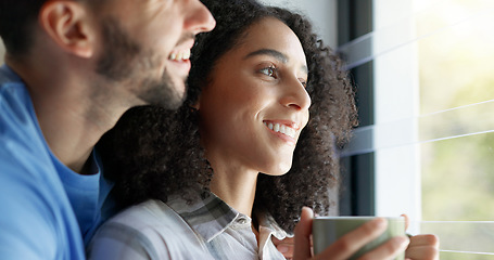 Image showing Love, married people with hug and in their home together for bonding time. Support or commitment, romance or care and happy young couple cuddle for affection or embracing company in their house