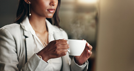 Image showing Coffee, night thinking and business woman work at office with computer data for job. Female professional, tea and online research for deadline and startup company report with hot drink and email