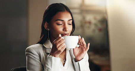 Image showing Drinking coffee, night work and business woman working at office with computer data for job. Female professional, tea and online research for deadline and lawyer report with hot drink and email