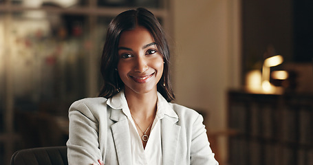 Image showing Smile, night and face of business woman, office consultant or agent happy for overtime work, commitment or career. Pride, portrait and Indian person confident, professional and working late in agency