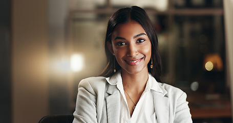 Image showing Happy, night and face of professional woman, office consultant or lawyer happy for overtime work, commitment or career. Pride, corporate portrait and Indian person working late in company law firm