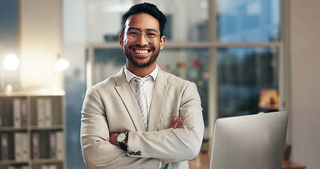 Image showing Professional business office, arms crossed and happy man, night worker or admin smile for career, job or work vocation. Manager, expert or portrait person confident, smile and pride in administration