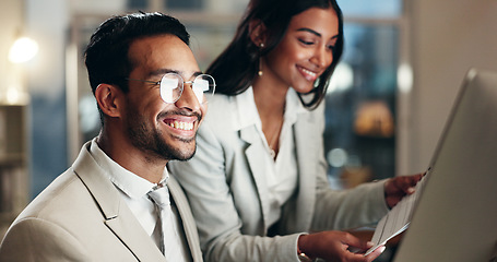 Image showing Computer, night or business people teamwork on office research, planning or cooperation on financial budget review. Reading, report or finance team collaboration, smile and nodding for growth success