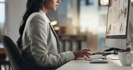 Image showing Computer screen, keyboard and hands of business person typing SEO research, internet search and review website design. Mouse, online site and closeup corporate designer working on webdesign project