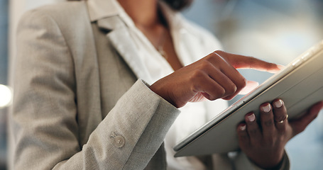 Image showing Tablet, night and hands of business person typing, scroll or check social network feedback, communication or customer experience. Research, closeup and corporate boss working on online data analysis