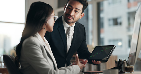 Image showing Computer, tablet and professional team, stock market and consulting on NFT data, trading insight or IPO analytics. Finance partner, broker discussion and business people teamwork on crypto statistics